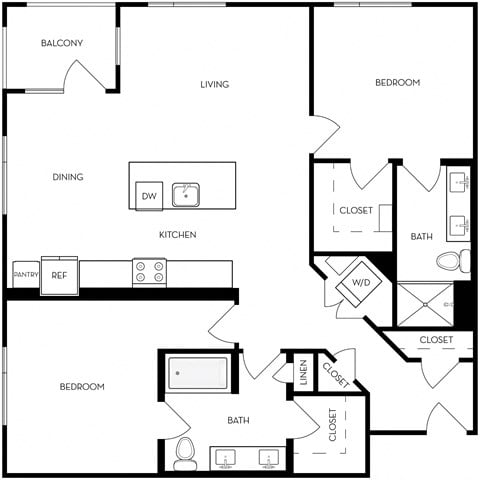 Floor plan for 2 beds, 2 baths, 1245 sqft